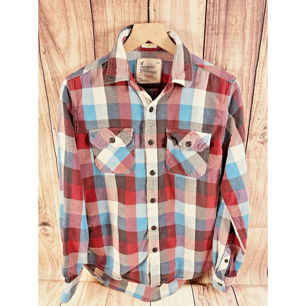 American Eagle Outfitters Mens Plaid Flannel Button Up Shirt Blue Red SMALL